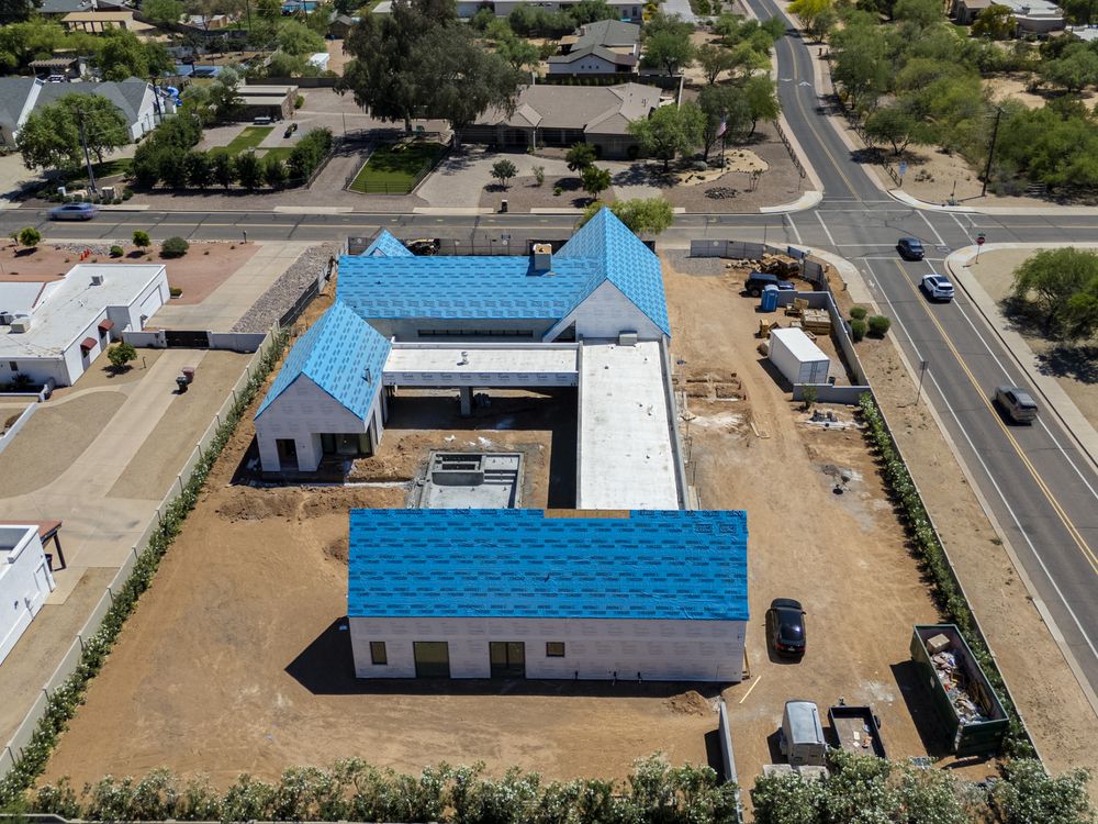 Oblique aerial of a courtyard home under construction, Phoenix metro