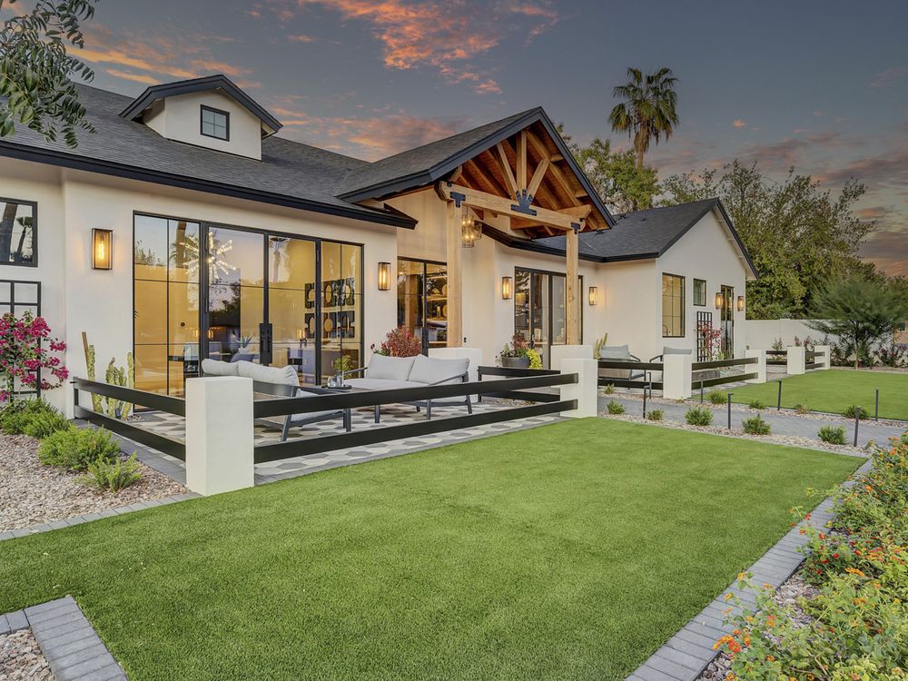 Finished backyard and patio at twilight, North Central Phoenix