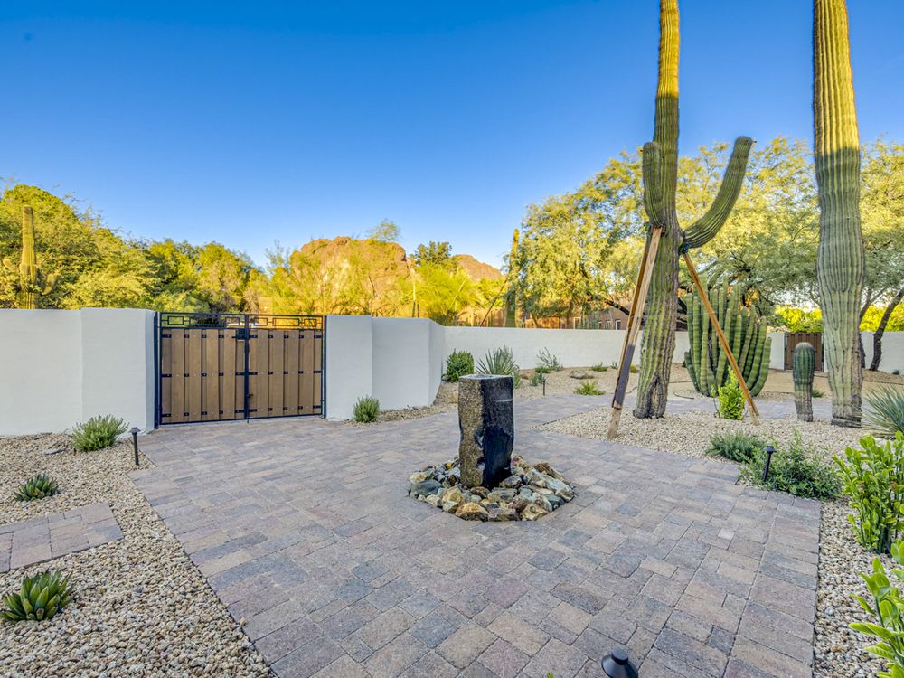 Finished courtyard with paver path, gate and fountain, Arcadia, Phoenix