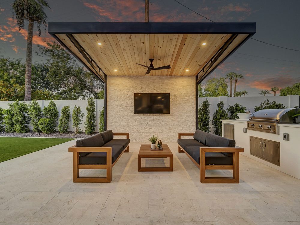 Covered outdoor kitchen at twilight, North Central Phoenix